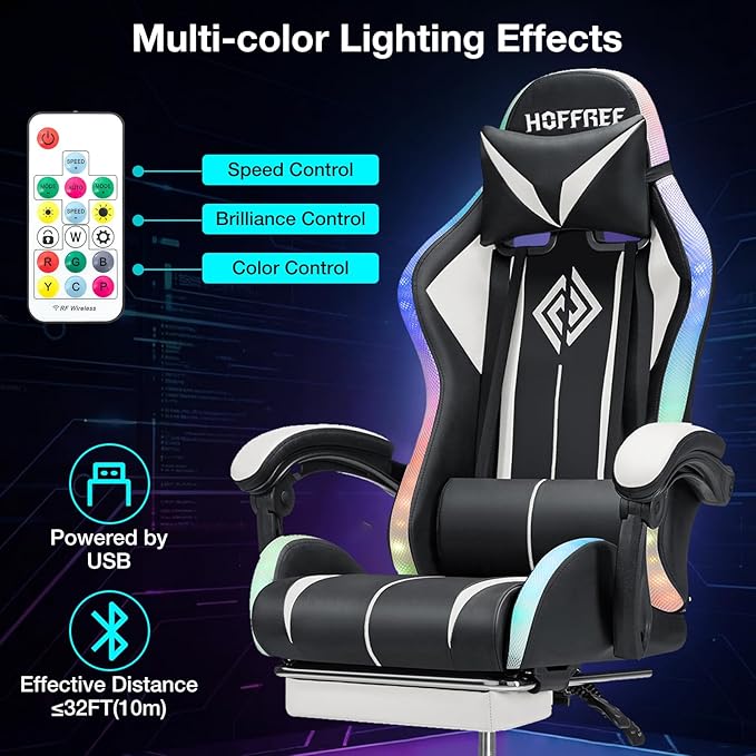 Gaming Chair with Speakers and Lights Ergonomic Computer Gaming Chair with Footrest LED RGB Lights Massage High Back Music Video Game Chair with Lumbar Support White and Black