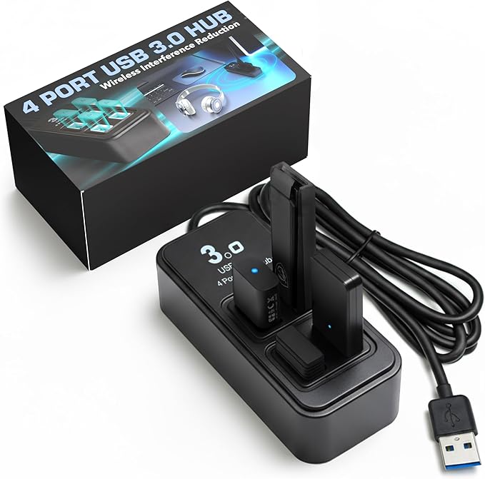 Rebuff Reality 4 Port USB Hub Dongle USB 3.0 Hub for Wireless Interference Reduction for Gaming Stable Connection &amp Lag-Free for Mouse Keyboard Headset Compatible with PC Mac Xbox PlayStat
