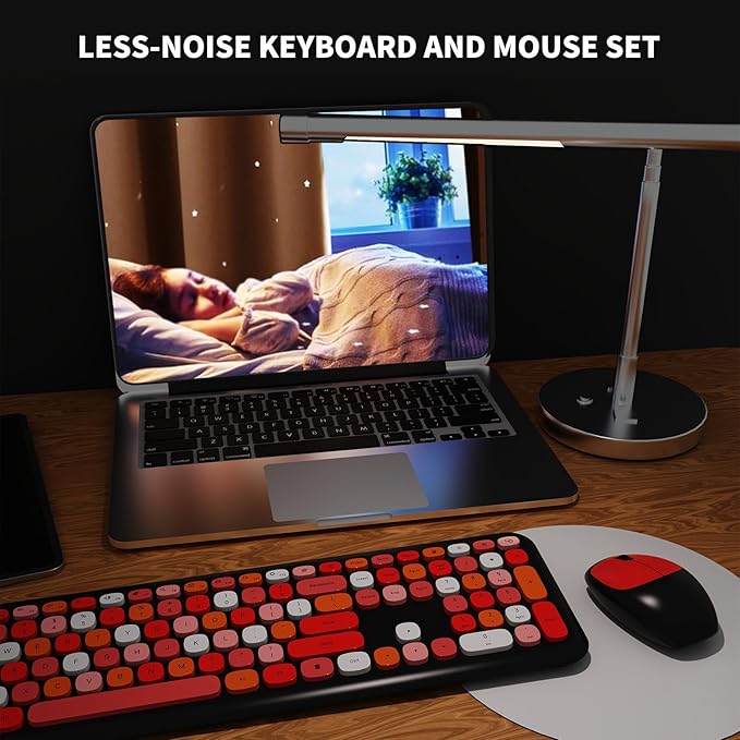 Wireless Keyboard and Mouse Combo Colorful Ergonomic Full Size Retro Low-Noise Keyboard with Cute keycaps Compatible with Windows PC Perfer for Home and Office Keyboards (Black)