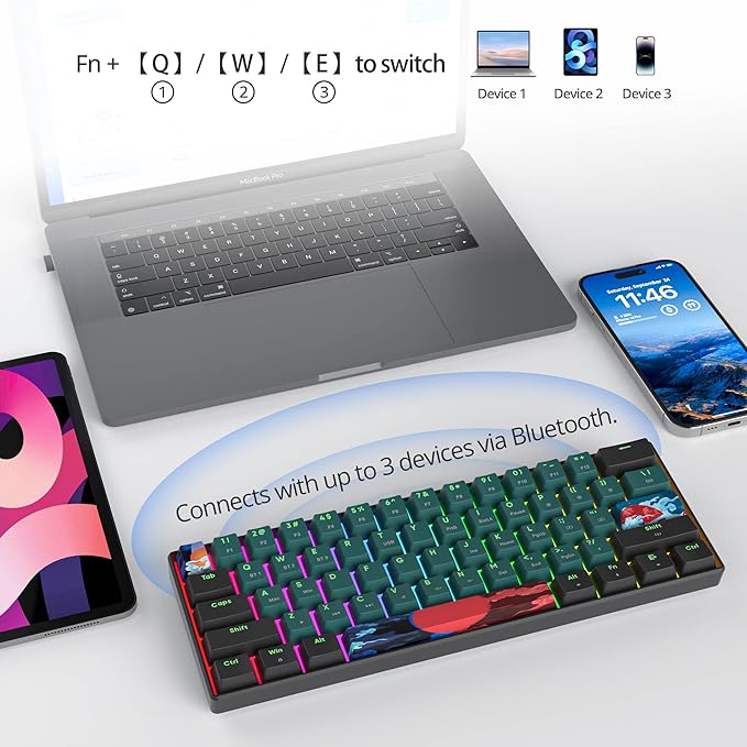 surmen GT61 Wireless 60% Keyboard Mini RGB Mechanical Gaming Keyboard 60 Percent Hot-Swappable with Linear Gateron Switch Type-C/Bluetooth 5.0 Programmable (Gateron Yellow Sound Wave 61)