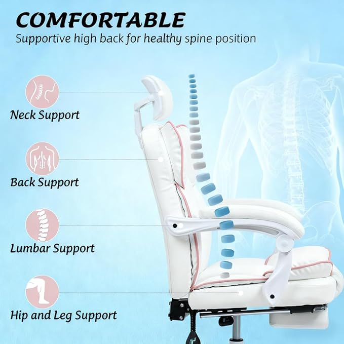Big and Tall Ergonomic Gaming Office Desk Chair with Footrest &amp Headrest PU Leather Video Game Chairs with Armrests Height Adjustable 360° Swivel Computer Chair for Home Office (White)