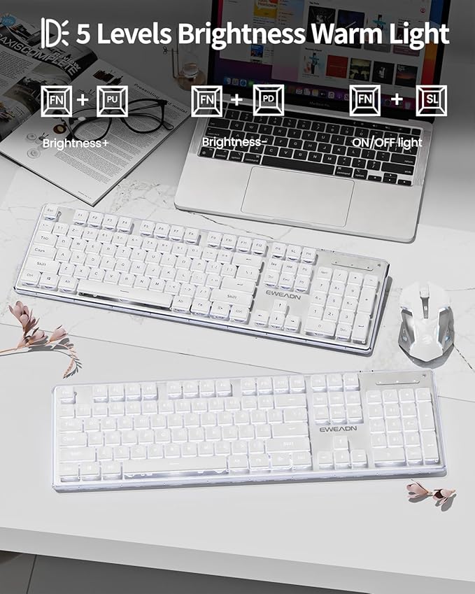 V3 Wireless Keyboard and Mouse with Single Backlit Metal Panel Bluetooth/2.4G Rechargeable Computer Keyboard and Mouse Combo Silent Lighted Full Size Cute Keyboards-White