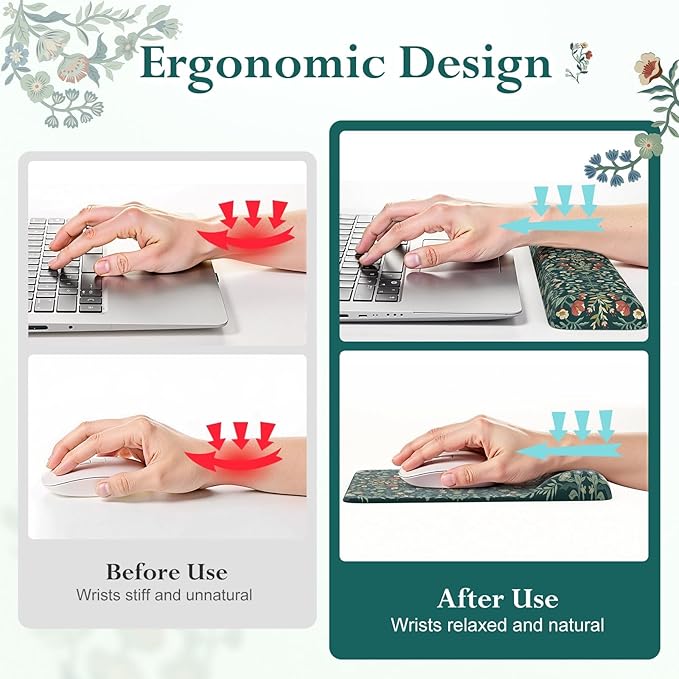 iLeadon Mouse Pad and Keyboard Wrist Rest Extra Large Mouse Pad Set Memory Foam Wrist Support for Keyboard Ultra Smooth Dark Green Desk Mat Sets for Office Women(Floral)