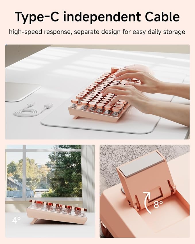 EWEADN Typewriter Style Mechanical Keyboard Wired Typewriter Keyboard104 Keys Retro Typewriter Keyboards Media Control Knob Wired Computer Keyboard Pink Switch for Windows/Mac/PC-Pink