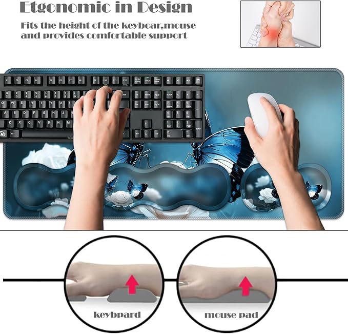 Ergonomic Keyboard Wrist Rest &amp Mouse Pad Wrist Rest SetXL Gaming Desk Mat 31.5x 11.8Non-Slip BaseMemory FoamEasy Typing Pain Relief for Office &amp HomeBlue Butterflies White Rose