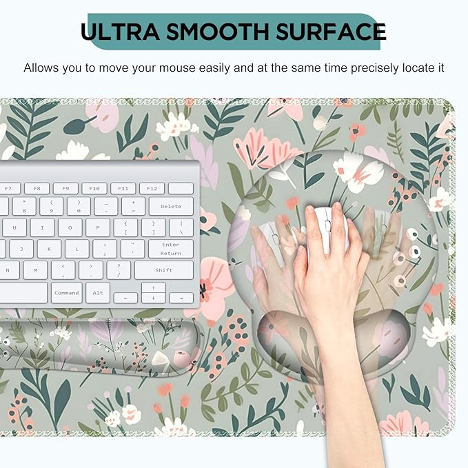 AIMSA Keyboard Mouse Pad Set Extended Mouse Pad Keyboard Wrist Rest Support Memory Foam Ergonomic Desk Pad Set for Home Office Study Game Pink White Flowers Plants