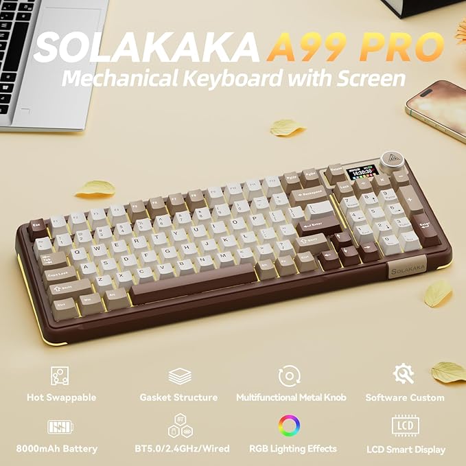SOLAKAKA A99 Pro Mechanical Keyboard with LCD Screen &amp Metal Knob Wireless Gaming Keyboard with BT5.0/2.4GHz/USB-C Hot Swappable Creamy Keyboard Gasket Structure RGB Backlit for Win/Mac