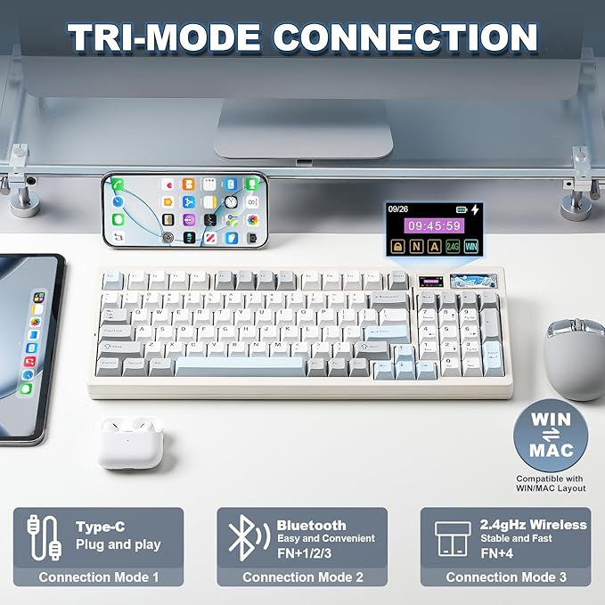 YUNZII IF99 Wireless Mechanical Gaming Keyboard with Smart LCD Display QMK/VIA Programmable BT/2.4G/USB-C Gasket Mounted Hot Swap RGB 96% Layout for Mac/Win (White Gateron Zero Switch)