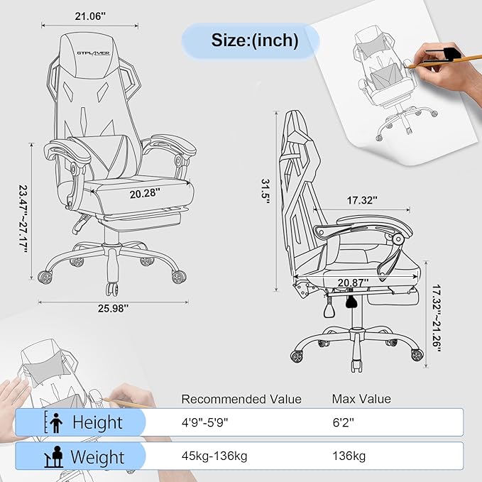 GTPLAYER Gaming Chair Computer Chair with Mesh Back Ergonomic Gaming Chair with Footrest Reclining Gamer Chair with Adjustable Headrest and Lumbar Support for Gaming and Office (Black)