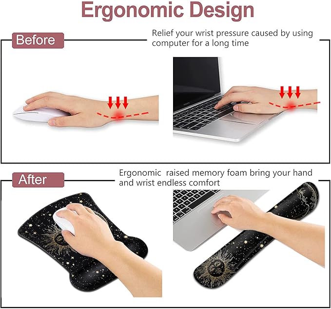 Black Mouse Pad with Stitched Edge Non-Slip Rubber Base Mythic Celestial The Sun and Moon Twelve Constellations Office Accessories Desk Decor for Computers Laptop Memory Foam Keyboard Wrist Rest