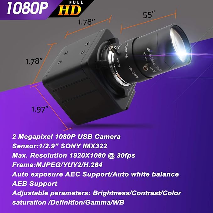 1080P Webcam 5-50mm Varifocal Lens USB Camera HD 2MP 0.01Lux Low Illumination IMX322/IMX323 Sensor Industrial Camera H.264 Webcamera PC Webcam for Raspberry PI Windows Android Linux MAC