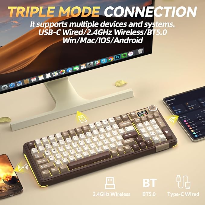 SOLAKAKA A99 Pro Mechanical Keyboard with LCD Screen &amp Metal Knob Wireless Gaming Keyboard with BT5.0/2.4GHz/USB-C Hot Swappable Creamy Keyboard Gasket Structure RGB Backlit for Win/Mac