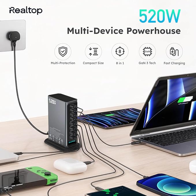520W USB C Charging Station 8-Port GaN Fast Type C Charger Block Wall Charger Multiport Desktop Power Hub for MacBook Pro MacBook Air iPhone 16/15 iPad Samsung