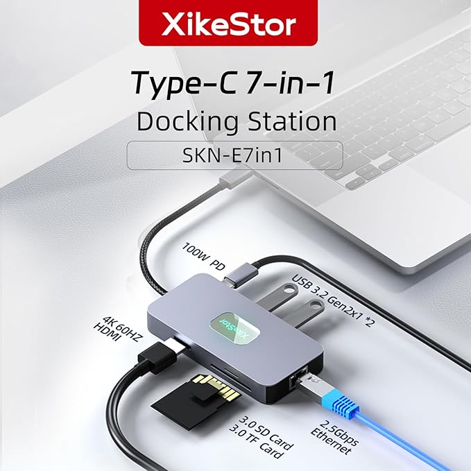 Laptop Docking Station XikeStor 7-in-1 USB C to HDMI Hub Multiport Adapter with 2.5G Ethernet Dual USB3.2 10Gbps100W PD 4K HDMI Monitor SD/TF 3.0 Card Reader for MacOS Windows Linux Android