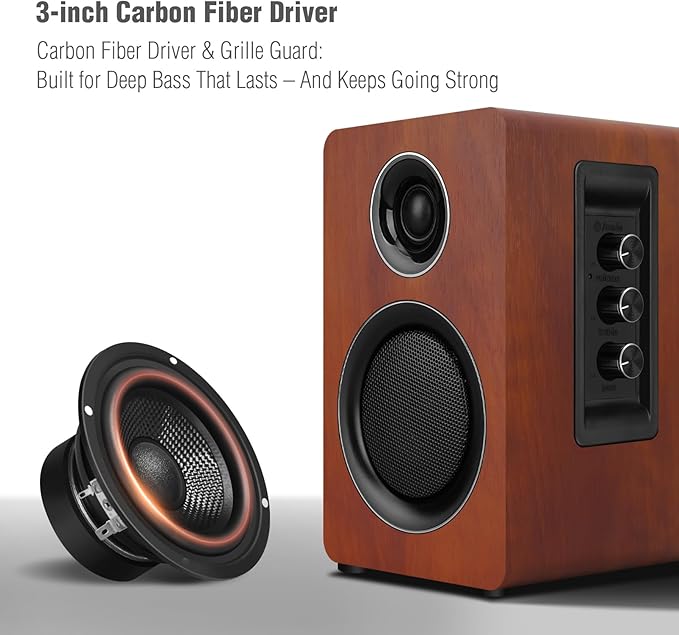 Computer Speakers for Desktop PC Active Bookshelf Speaker with 3‘’ Carbon Fiber Woofer and Silk Film Tweeter Supports Bluetooth 5.3 USB-C AUX/RCA Input for Record Player TV - Brown Stereo Set