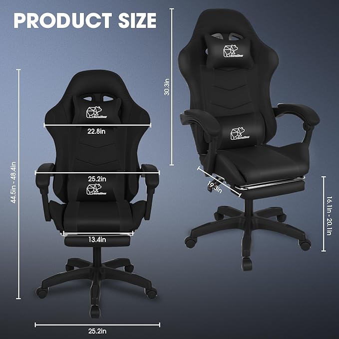 BorealBear Gaming Chair Office Chair Reclining High-Back PU Leather Computer Desk Chair with Headrest and Lumbar Support Suitable for Gaming Chairs Office Storage Office Shelving and More（Black）