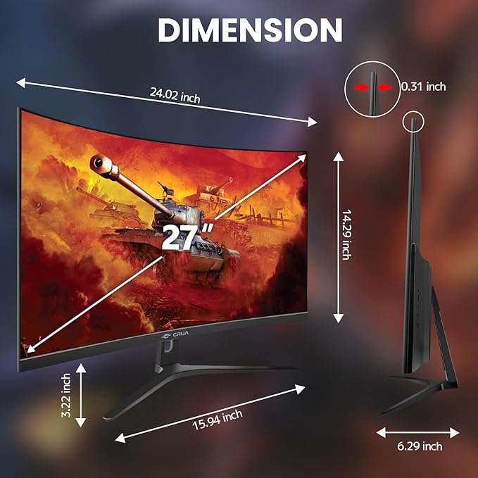 CRUA 27 Curved Gaming Monitor FHD 1920x1080P 144Hz/180Hz Computer Monitor 1800R VA Screen 120% sRGB AMD FreeSync HDMI &amp DP Wall Mount Install- Black