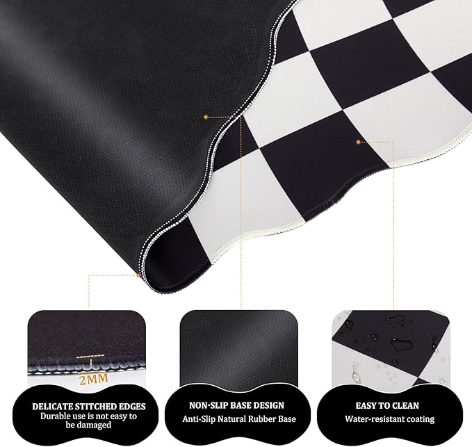 L-SPOUTTO Black Checkered Mouse Pad SetScalloped XXL Desk Mat + Ergonomic Mouse Wrist Rest + Gel Keyboard Wrist Rest for Keyboard 65%/75%3in1 Large Desk Pad for Desktop Home Office Computer Game