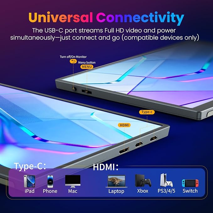 Portable Monitor 10.5 inch 1280P 420 Nits100% sRGB Ultra-Slim Travel Monitor HDR 16:10 Display with Adjustable Stand &ampSpeakers USB-C HDMI External Monitor for Laptop PC Phone