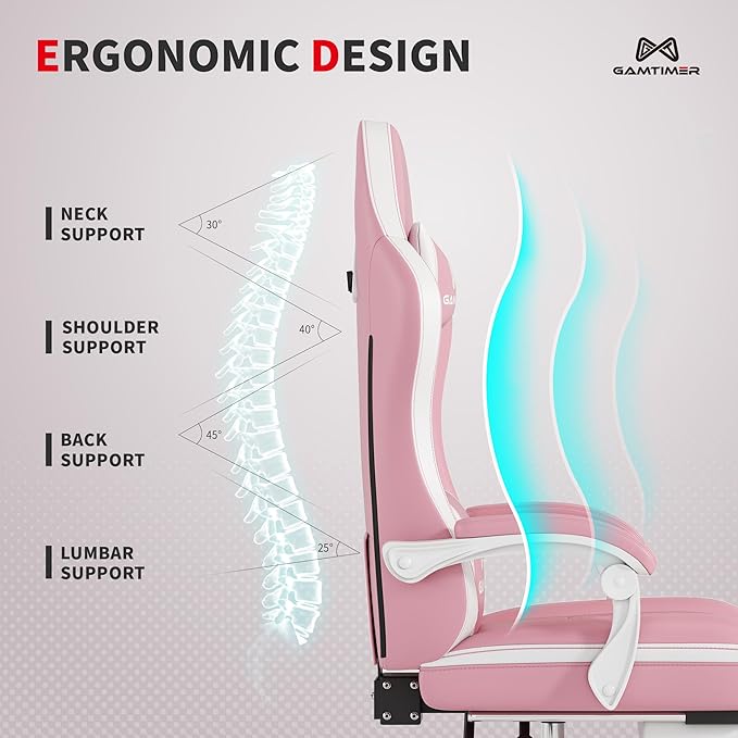 Gaming Chair with Footrest Ergonomic Computer Chair PU Breathable Material with Headrest and Lumbar Support Suitable for Silla Gamer and Adults(Pink)