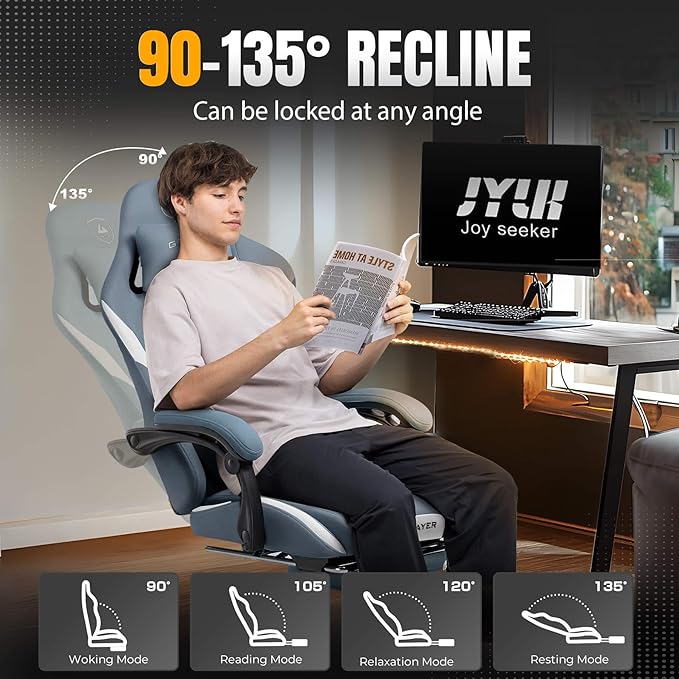 GTPLAYER Gaming Chair with Foot Rest &amp Pocket Spring Cushion Ergonomic High Back Computer Desk Chair with Headrest &amp Lumbar Support for Back Pain Relief Breathable Fabric Blue