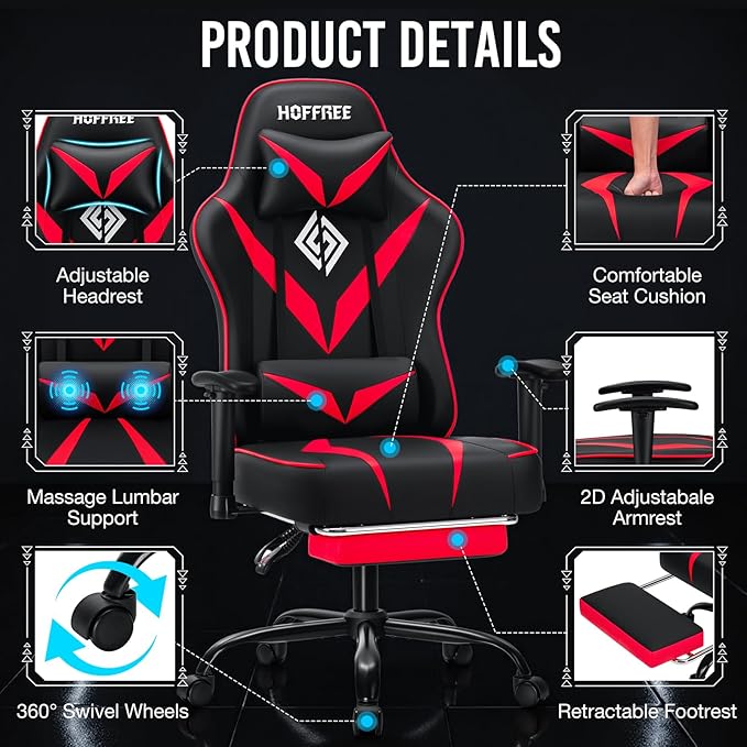 Gaming Chair with Massage Pocket Spring Cushion 155° Reclining Gaming Chair with Footrest and Adjustable Armrests Ergonomic Video Game Chairs Red and Black