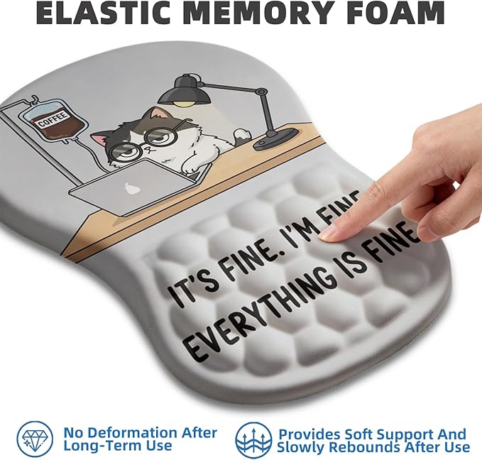 Ergonomic Mouse Pad Wrist Rest Carpal Tunnel Pain Relief Wrist Support Mousepad with Massage Bulge Memory Foam (Coffee Cat 11.8x7.9 in)