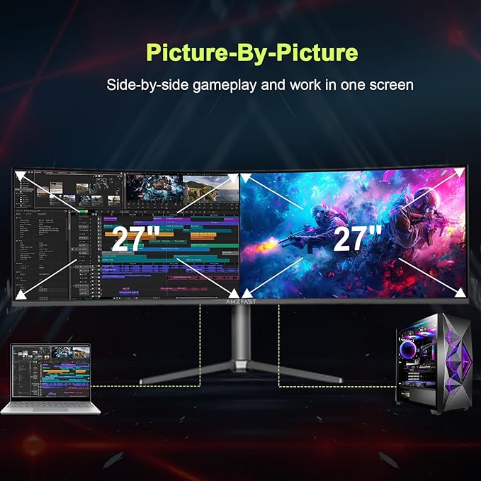 Amzfast 49 Inch Curved Monitor 120Hz DQHD 5120x1440p Ultrawide Gaming Monitor 120% sRGB 1500R 1ms MPRT HDR Adaptive Sync PIP/PBP Height Adjustable HDMI 2.0/DP 1.4 VESA 75x75 AMZG49C7U