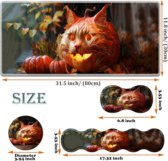 Large Gaming Mouse Pad + Keyboard Wrist Rest + Wrist Support + Coaster Set Memory Foam Ergonomic for Easy Typing XXL Extended Gaming Mouse Pad Table Pad - Pumpkin Cat