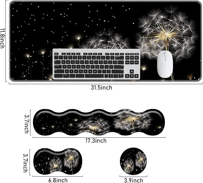 Keyboard Mouse Pad SetLarge Mouse Pad+Keyboard Wrist Rest+Wrist Support+Coaster31.5x11.8in Extended Desk Mat for Computer Laptop Office Home-Dandelion