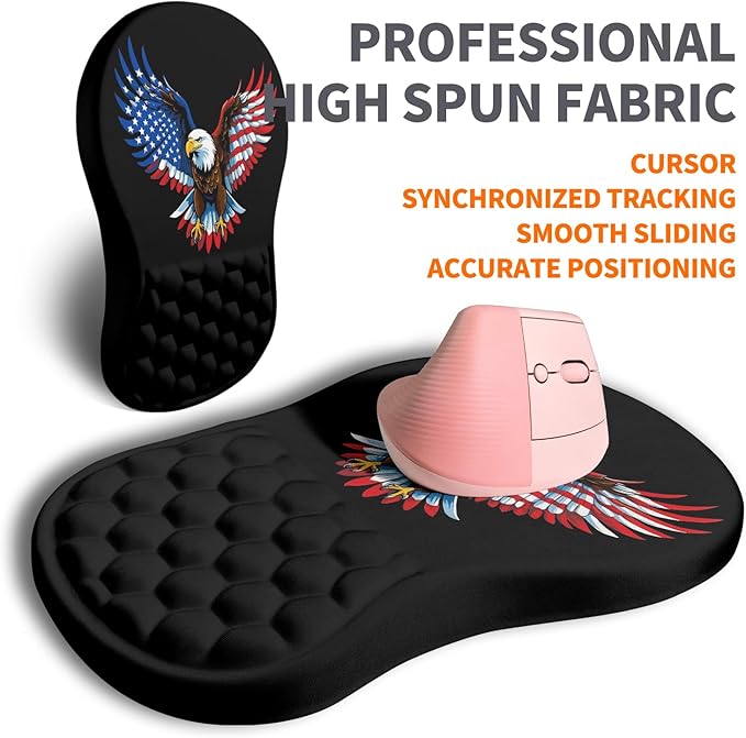 Ergonomic Joint Wrist Support Mouse Pad with Memory Foam Cushion Massage Bump Carpal Tunnel Pain Relief Mousepad Slope Design for Wrist Rest 11.8x7.9 in Eagle Flag