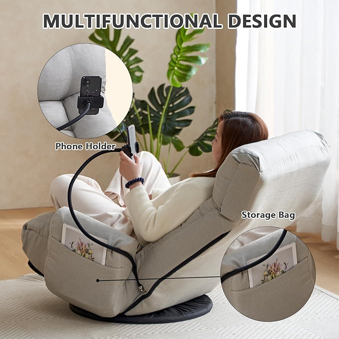 360-Degree Swivel Floor Chair with 5-Position Folding Design Adjustable Headrest Waist Support Armrests and Phone Holder for Living Room (Gray+Fine Linen)
