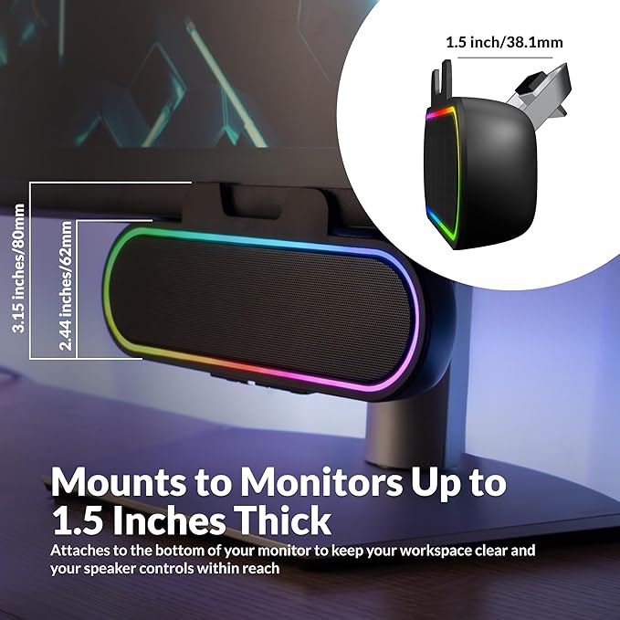 Cyber Acoustics USB Speaker Bar with LED Lights (CA-2890GX) – USB Powered Speaker Bar for PC and Mac Dynamic LED Lights Sync to Music Clamps to Monitors up to 1.5 Inches Great for Music and Gaming