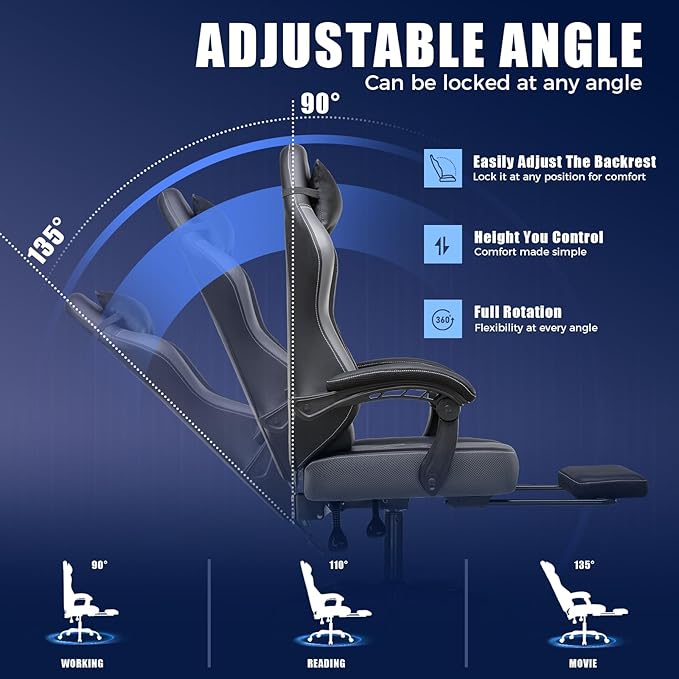 GTPLAYER Gaming Chair with Footrest Recliner Chair with Headrest &amp Lumbar Support Linkage ArmrestErgonomic Gaming Chair High Back Office Home Grey