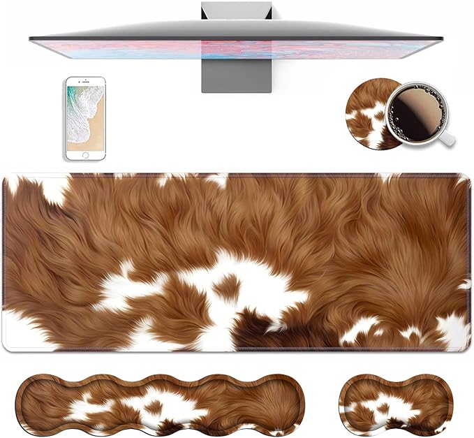 4 in 1 Ergonomic Keyboard Wrist Rest &amp Mouse Pad Wrist Rest Set Large XXL Gaming Desk Mat 31.5x 11.8 with Non-Slip Base Memory Foam for Home Office Study Gaming Brown Cow Print
