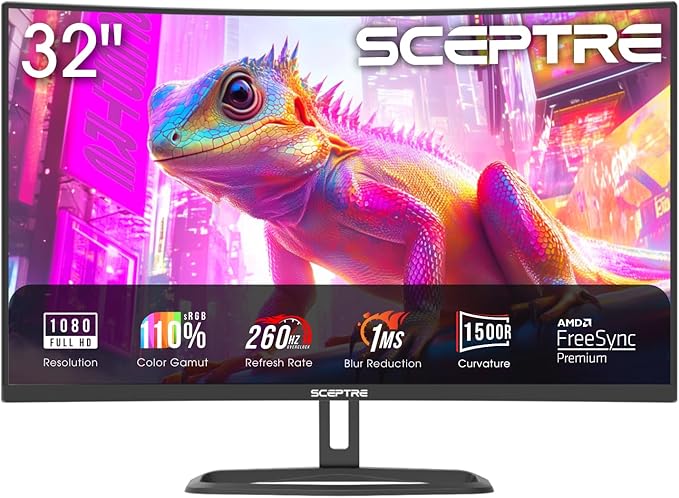 Sceptre New Curved 32 inch Gaming Monitor 1080p DisplayPort up to 260Hz 1500R FreeSync Premium 1ms Build-in Speakers Machine Black 2026 (C325B-FW260D Series)