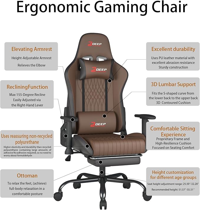 Video Game Chair with Footrest Ergonomic Comfortable Gaming Office Chair Height-Adjustable with a 360° Swivel Base and Headrest(1002-Brown)