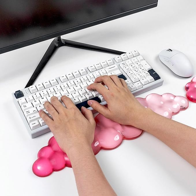 Ergonomic Cloud Silicone Gel Keyboard and Mouse Wrist Rest Set – Clear Wrist Rest for Computer Keyboard 60%/68%/75% Comfort &amp Support for Typing and Gaming (White Pink)