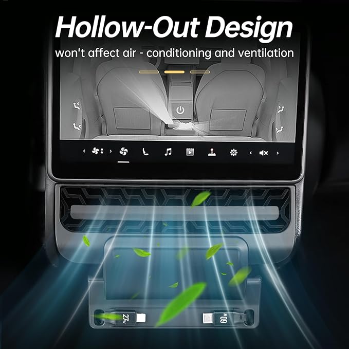 USB Hub for Tesla Model Y Juniper 2025 2026 Model 3 Highland 2024 2025 87W Multi Port Center Console Fast Charger Rear Vent Air Outlet Expansion Cover Docking Station with Retractable Cables