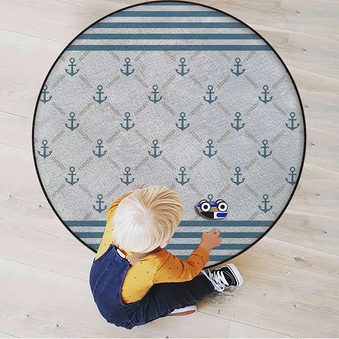 Anchor Gaming Chair Mat Round Floor Mats for Office Chair Computer Gaming Desk Mat for Rolling Chair Non-Slip Gaming Rug Marine Anchor Striped BackgroundPale Blue White Diameter 43.3 in