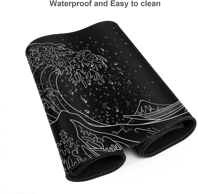 AQQA Extra Large 48 x 24 Japanese Sea Wave Mouse Pad Anime Black Waterproof Desk Pad Non Slip Rubber Base Mousepad with Stitched Edges for Work Game Office Home(Black XXXX-Large)