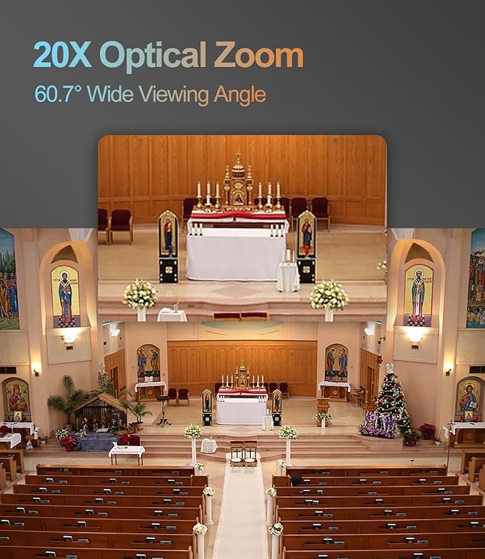 NDI PTZ Camera 20x Optical ZoomAI Auto-Tracking Video Conference Room Camera with HDMI LAN USB SDILive Streaming for Church Worship Work with VmixZoomOBSYouTubeFacebook RP-HD66A-20N