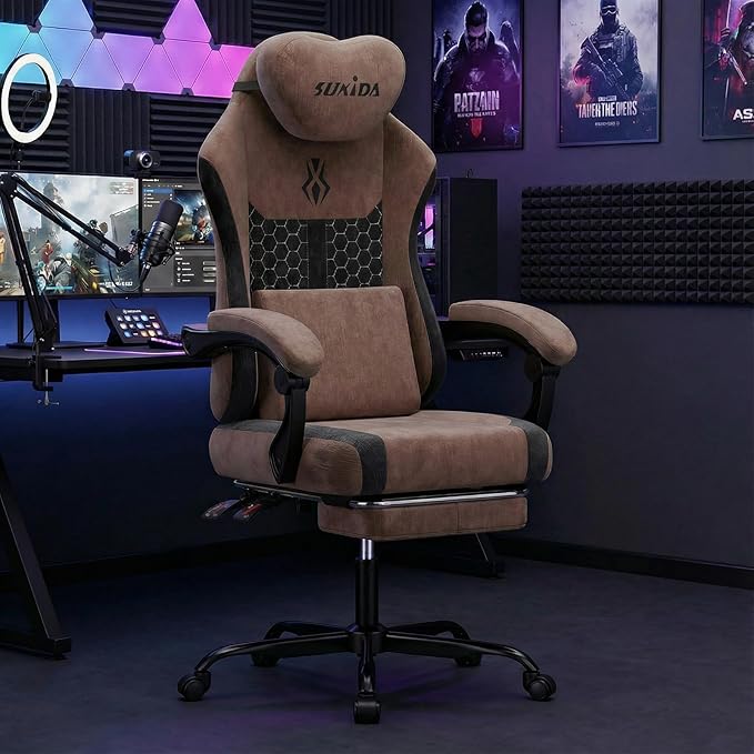 SUKIDA Ergonomic Gaming Chair — Premium Computer Video Gaming Chair with Massage Lumbar Support Adjustable Headrest &amp Footrest Plush Chenille Fabric for Office and Home UseBrown