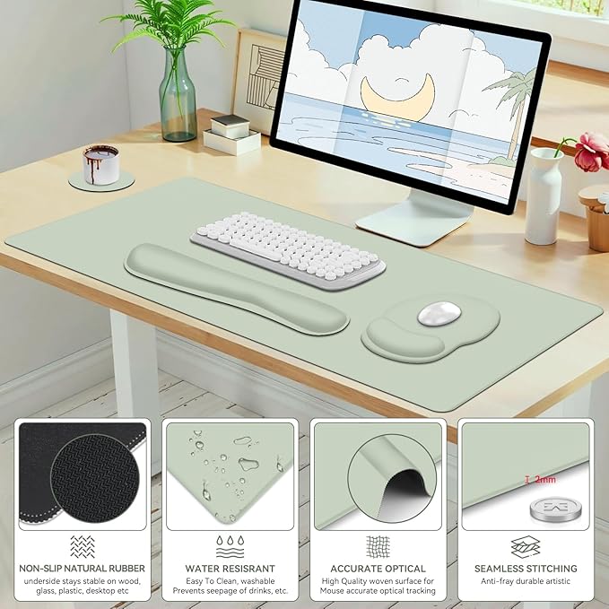 4 PCS Mouse Pad Desk Mat Protector Keyboard Wrist Rest + Comfortable Mouse Pad with Wrist Rest +Coaster Large Gaming Mousepad for Computer Laptop 35.4X 15.7 Deskpad for Office Home I Bean Green