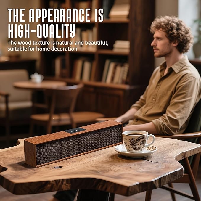 Retro Computer Speakers - Wooden Sound Bar with Bluetooth 5.3 &amp USB Connectivity | Universal Compatibility for PC Desktop Laptop Monitor Tablet &amp Smartphone