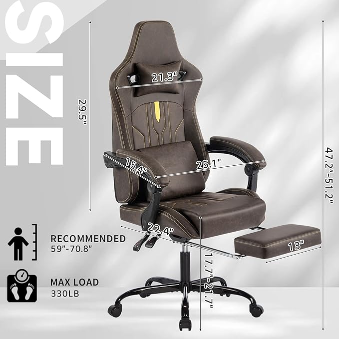 Brown Gaming Chairs with Footrest PVC Leather Video Game Chair for Adults Ergonomic Gaming Chair with Headrest &amp Lumbar Support Reclining Gamer Chairs with Adjustable Backrest (Brown)