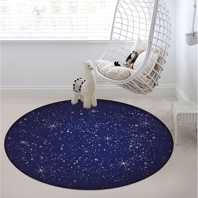 Astrology Round Rug Nursery Rug for Bedroom Playroom Non Slip Educational Playmat Round Circle Carpet Constellation Planets Coordinates of CelestialDark Blue Diameter 39.3 in
