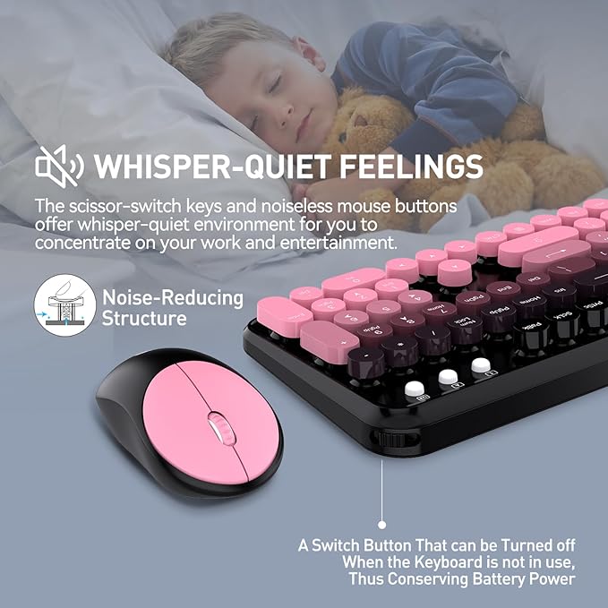 Wireless Keyboard and Mouse Combo 2.4 GHz Wireless Full-Sized Typewriter Keyboard with Round Keycaps for Windows Computer Desktop PC Laptop (Pink)