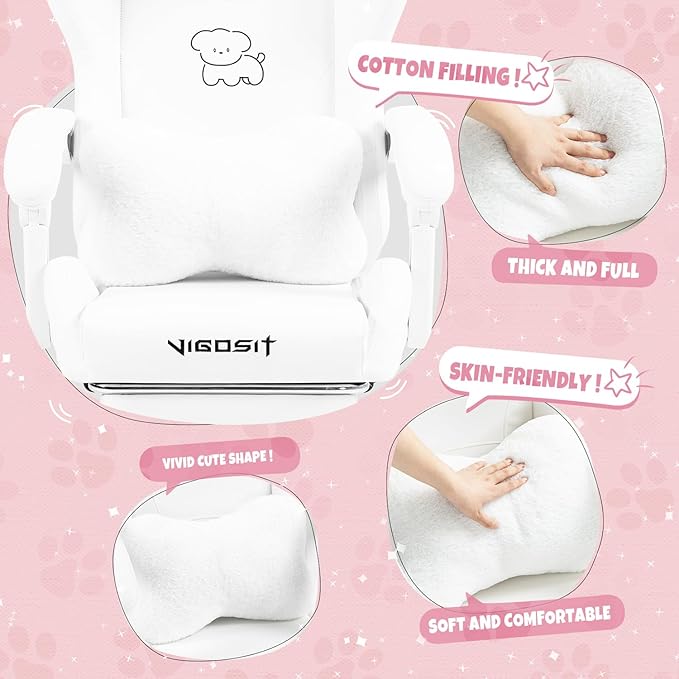 Gaming Chair Cute Cat Computer Chair with Footrest and Headrest Ergonomic Gaming Office Desk Chair with Lumbar Cushion Height Adjustable 360° Swivel Recling Chairs for Adults