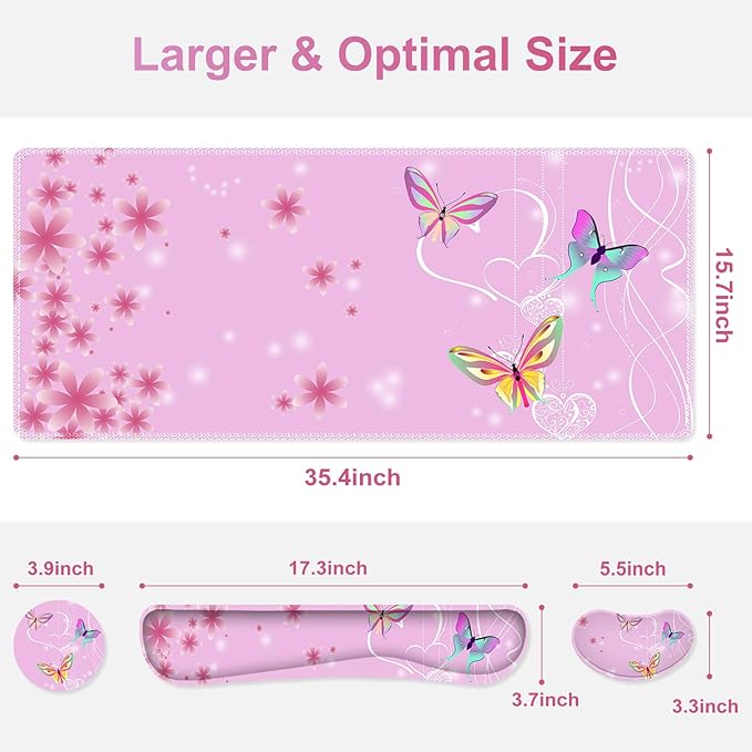 Pink Butterfly Desk Mat Florals 4 in1 Large Gaming Mouse Pad Set Ergonomics Keyboard Pad with Memory Foam Wrist Rest Extended Game Mousepad Non-Slip Desk Protector Matt Easy Typing Pain Relief